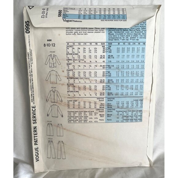 Vogue 0995 Sewing Pattern Uncut 80s Suit Separates Womens 8/10/12 - Picture 2 of 4